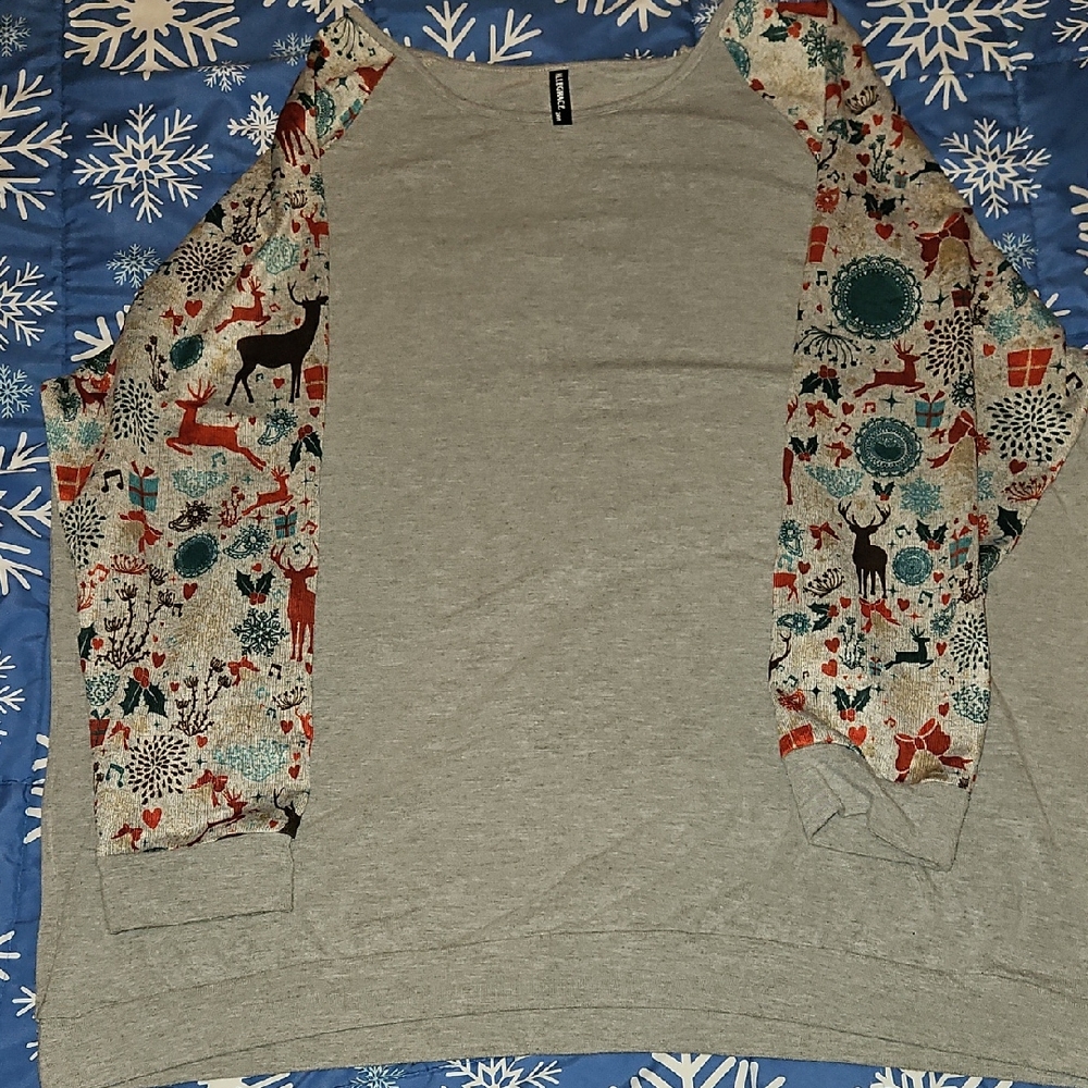 Gray Sweatshirt with Festive Patterned Sleeves